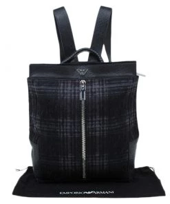 Emporio Armani Black Leather And Calf Hair Check Fash Backpack For Men -Emporio Armani sale luxury men emporio armani used travel p56283 015