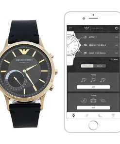 Emporio Armani Grey Gold PVD Coated Stainless Steel Leather Connected AR3006 Men's Hybrid Smart Watch 43 Mm For Men -Emporio Armani sale luxury men emporio armani used watches p299800 011