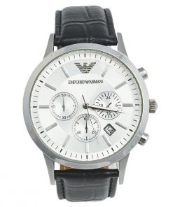 Emporio Armani Silver Stainless Steel Leather Classic AR-2432 Men's Wristwatch 43 Mm For Men