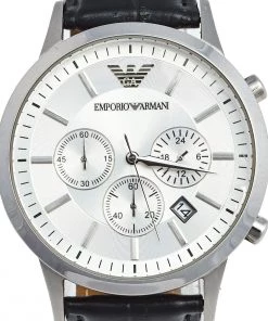 Emporio Armani Silver Stainless Steel Leather Classic AR-2432 Men's Wristwatch 43 Mm For Men -Emporio Armani sale luxury men emporio armani used watches p562230 006