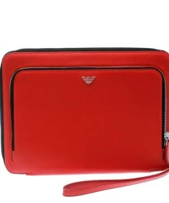 Emporio Armani Coral Orange Leather Zip Around Ipad Case For Women