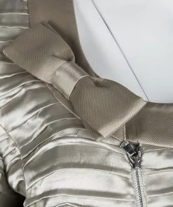 Emporio Armani Beige Pleated Textured Satin Bow Detail Cropped Zip Front Jacket L For Women -Emporio Armani sale luxury women emporio armani new clothes p116455 004