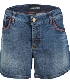 Emporio Armani Indigo Faded Effect Embroidered Pocket Trim Detail Denim Shorts M For Women