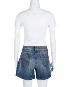 Emporio Armani Indigo Faded Effect Embroidered Pocket Trim Detail Denim Shorts M For Women -Emporio Armani sale luxury women emporio armani new clothes p134004 003