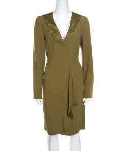 Emporio Armani Olive Green Flutter Front Long Sleeve Tunic Dress L For Women