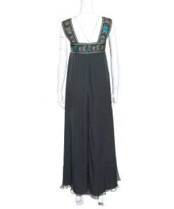 Emporio Armani Olive Green Silk Elephant Motif Detail Sleeveless Maxi Dress M For Women -Emporio Armani sale luxury women emporio armani new clothes p165010 001