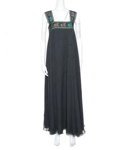 Emporio Armani Olive Green Silk Elephant Motif Detail Sleeveless Maxi Dress M For Women