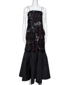 Emporio Armani Black Printed Satin & Lace Overlay Maxi Dress S For Women