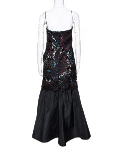 Emporio Armani Black Printed Satin & Lace Overlay Maxi Dress S For Women -Emporio Armani sale luxury women emporio armani new clothes p334140 006