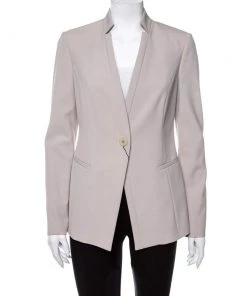 Emporio Armani Beige Textured Crepe Button Front Stand Collar Blazer M For Women
