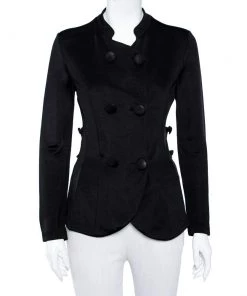 Emporio Armani Black Knit Pleated Trim Double Breasted Blazer M For Women