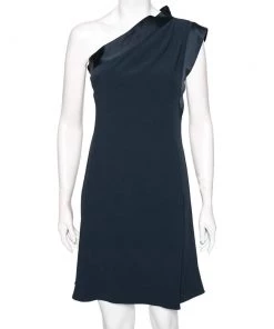 Emporio Armani Navy Blue Crepe Pleat Detailed One Shoulder Mini Dress M For Women