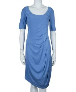 Emporio Armani Blue Knit Ruched Dress L For Women -Emporio Armani sale luxury women emporio armani new clothes p61110 002