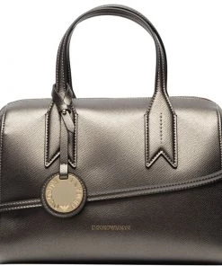 Emporio Armani Metallic Dark Grey Leather Bowling Satchel Bag For Women