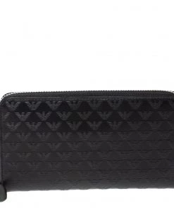 Emporio Armani Black Logo Embossed Leather Zip Around Wallet For Women