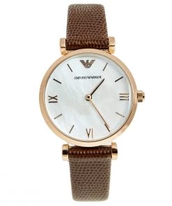 Emporio Armani Mother Of Pearl Rose Gold Plated Stainless Steel Leather AR9042L Women's Wristwatch 32 Mm For Women