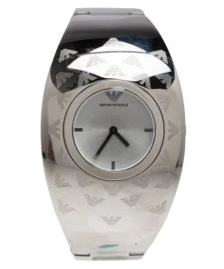 Emporio Armani Silver Etched Logo Stainless Steel AR-5785 Women's Cuff Bracelet Wristwatch 35MM For Women