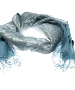 Emporio Armani Blue Silk And Wool Organza Lurex Striped Tassel Detail Scarf For Women