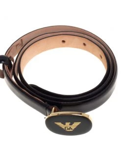 Emporio Armani Black Glossy Leather Logo Buckle Slim Belt 90CM For Women -Emporio Armani sale luxury women emporio armani used accessories p446478 002