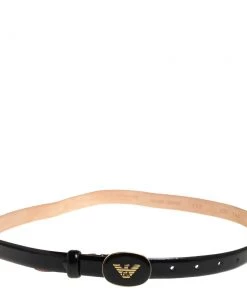 Emporio Armani Black Glossy Leather Logo Buckle Slim Belt 90CM For Women