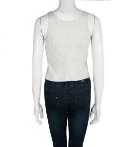 Emporio Armani Cream Linen Knotted Strap Detail Zip Front Crop Top S For Women -Emporio Armani sale luxury women emporio armani used clothes p100840 0003