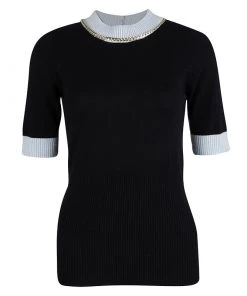 Emporio Armani Black Wool Contrast Ribbed Trim Neck Embellished Sweater M For Women