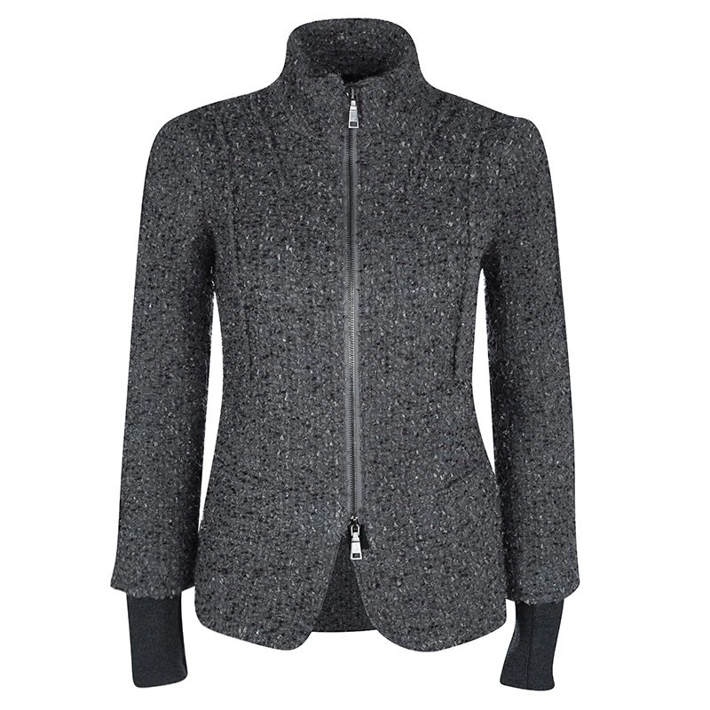 Emporio Armani Grey Textured Wool Zip Front Jacket S For Women 3 Emporio Armani Grey Textured Wool Zip Front Jacket S For Women