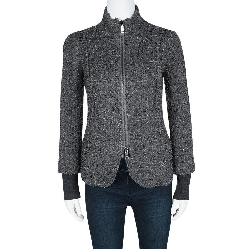 Emporio Armani Grey Textured Wool Zip Front Jacket S For Women 4 Emporio Armani Grey Textured Wool Zip Front Jacket S For Women - Image 2