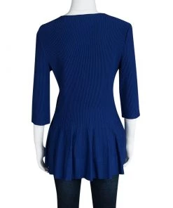 Emporio Armani Blue Ribbed Knit Flared Bottom Long Sleeve Top L For Women -Emporio Armani sale luxury women emporio armani used clothes p113859 0003