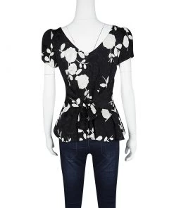 Emporio Armani Monochrome Floral Print Back Tie Detail Blouse M For Women -Emporio Armani sale luxury women emporio armani used clothes p118605 002
