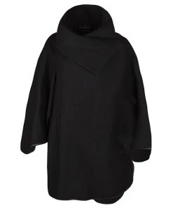 Emporio Armani Black Wool Blend Leather Trim Cape Style Overcoat M For Women