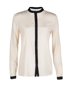 Emporio Armani Beige Contrast Trim Detail Long Sleeve Silk Blouse S For Women