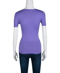 Emporio Armani Lavender Knit Rose Applique Detail Short Sleeve Fitted Top S For Women -Emporio Armani sale luxury women emporio armani used clothes p134476 003