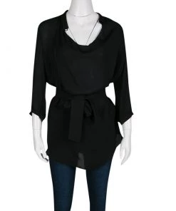 Emporio Armani Black Silk Draped Front Belted Blouse S For Women -Emporio Armani sale luxury women emporio armani used clothes p137475 002