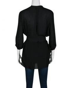 Emporio Armani Black Silk Draped Front Belted Blouse S For Women -Emporio Armani sale luxury women emporio armani used clothes p137475 003