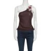 Emporio Armani Burgundy Floral Applique Tie Detail One Shoulder Top S For Women