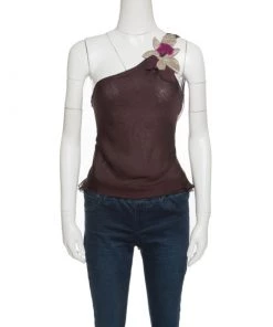 Emporio Armani Burgundy Floral Applique Tie Detail One Shoulder Top S For Women