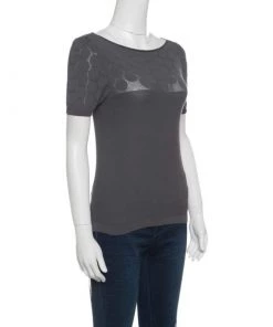 Emporio Armani Grey Knit Perforated Bodice Detail Short Sleeve Top S For Women -Emporio Armani sale luxury women emporio armani used clothes p141488 0002
