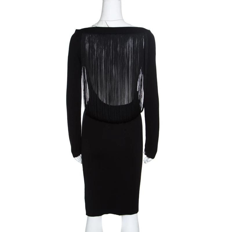Emporio Armani Black Knit Fringed Cut Out Back Detail Bodycon Dress M For Women 5 Emporio Armani Black Knit Fringed Cut Out Back Detail Bodycon Dress M For Women - Image 3