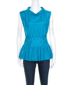 Emporio Armani Blue Embroidered Cotton And Silk Sleeveless Peplum Top S For Women