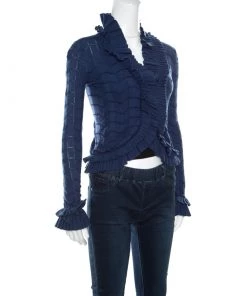 Emporio Armani Blue Patterned Knit Ruffled Long Sleeve Shrug S For Women -Emporio Armani sale luxury women emporio armani used clothes p161288 0002