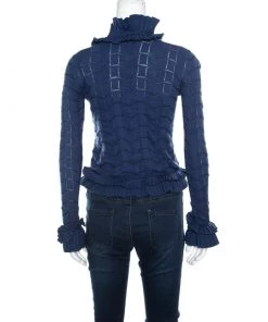 Emporio Armani Blue Patterned Knit Ruffled Long Sleeve Shrug S For Women -Emporio Armani sale luxury women emporio armani used clothes p161288 0003
