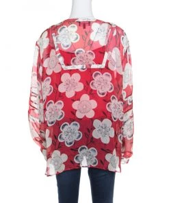 Emporio Armani Red And White Floral Printed Silk Neck Tie Detail Blouse XL For Women -Emporio Armani sale luxury women emporio armani used clothes p170342 001
