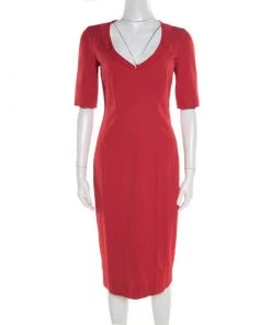 Emporio Armani Red Textured Short Sleeve Pencil Dress M For Women