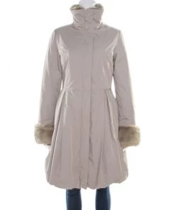 Emporio Armani Beige Rabbit Fur Trim Waterproof Dress Coat S For Women