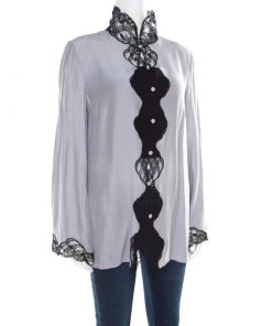 Emporio Armani Pearl Grey Silk Contrast Scalloped Lace Trim Flared Sleeve Shirt L For Women -Emporio Armani sale luxury women emporio armani used clothes p182083 001