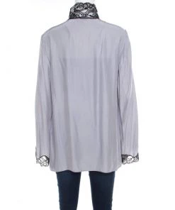 Emporio Armani Pearl Grey Silk Contrast Scalloped Lace Trim Flared Sleeve Shirt L For Women -Emporio Armani sale luxury women emporio armani used clothes p182083 003