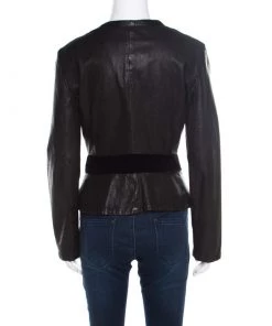 Emporio Armani Black Leather Velvet Bow Detail Biker Jacket M For Women -Emporio Armani sale luxury women emporio armani used clothes p182167 005