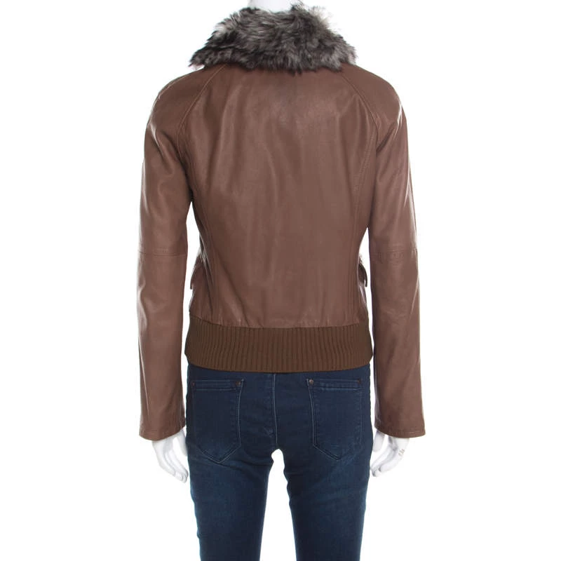 Emporio Armani Brown Leather Fur Collar Detail Zip Front Jacket S For Women 5 Emporio Armani Brown Leather Fur Collar Detail Zip Front Jacket S For Women - Image 3