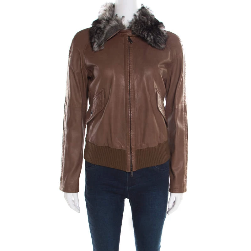 Emporio Armani Brown Leather Fur Collar Detail Zip Front Jacket S For Women 3 Emporio Armani Brown Leather Fur Collar Detail Zip Front Jacket S For Women